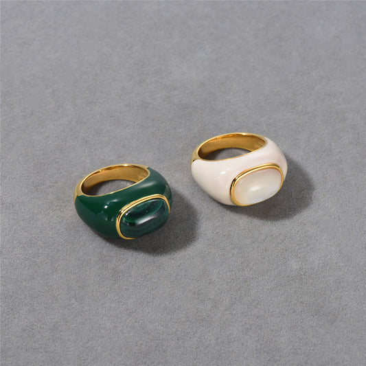 Advanced Copper Plating 18K Real Gold Natural Malachite White Shell Ring