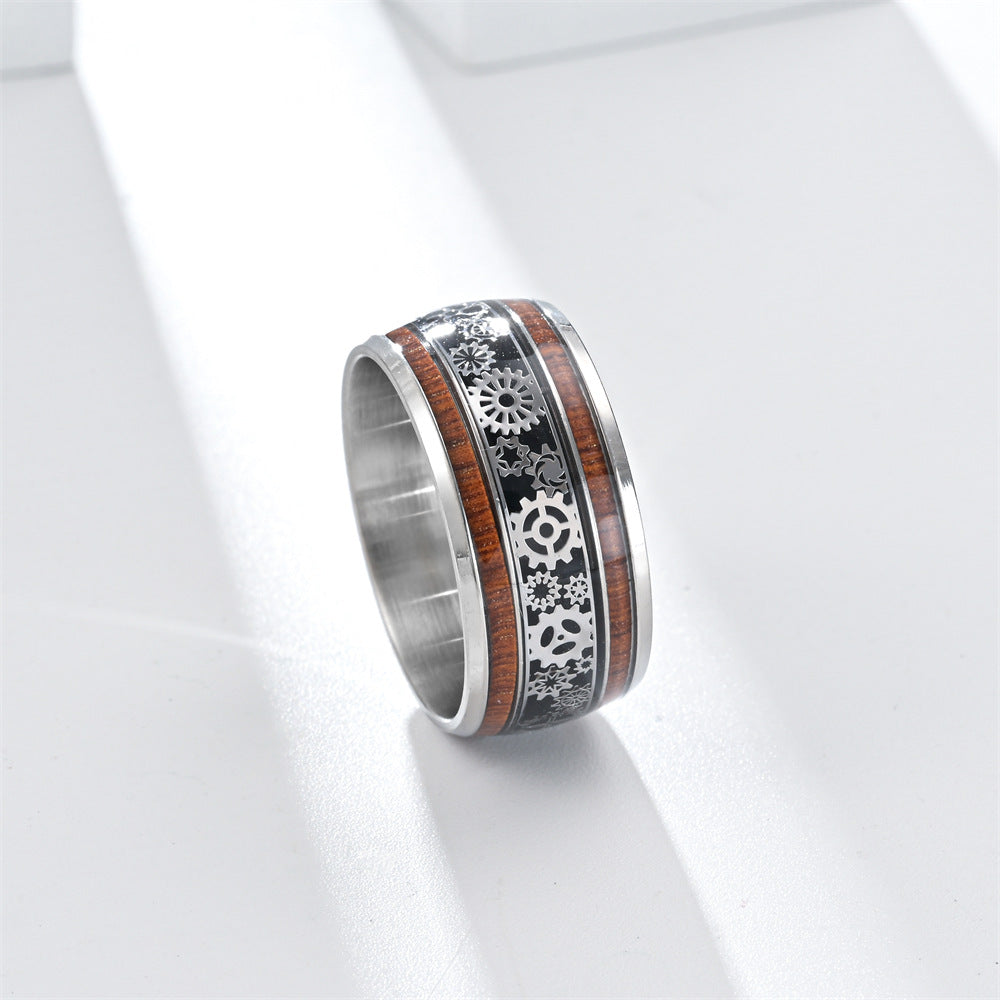 Stainless Steel Wood Grain Star Ring - A Trendy and Masculine Accessory