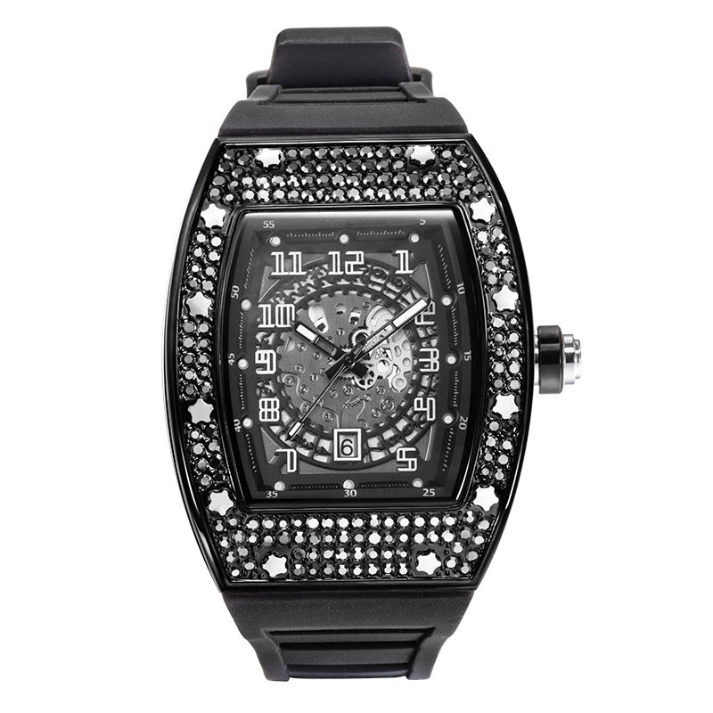 Full Diamond Tonneau Silicone Band Quartz Men's Watch