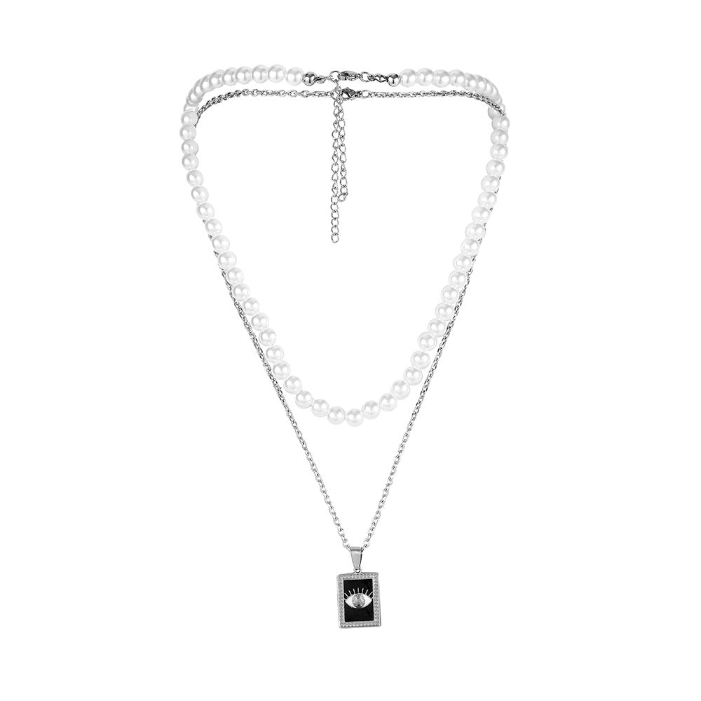 Stylish And Simple Personality All-Match Stainless Steel Square Plate Eye Pearl Chain