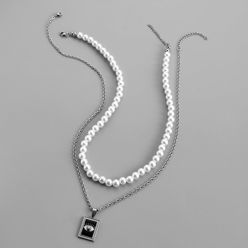 Stylish And Simple Personality All-Match Stainless Steel Square Plate Eye Pearl Chain