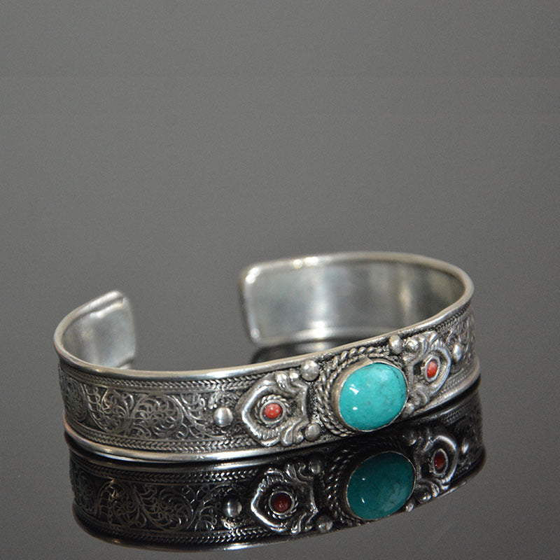 Tibetan Turquoise Nepal Handmade Tibetan Silver White Copper Bracelet Opening