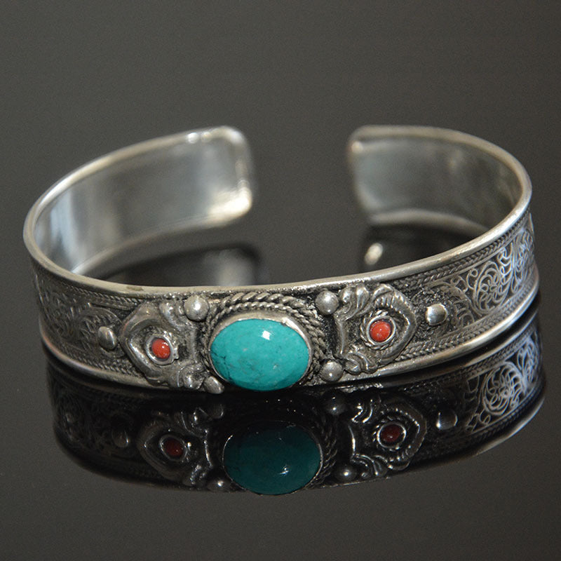 Tibetan Turquoise Nepal Handmade Tibetan Silver White Copper Bracelet Opening