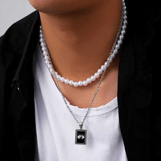 Stylish And Simple Personality All-Match Stainless Steel Square Plate Eye Pearl Chain