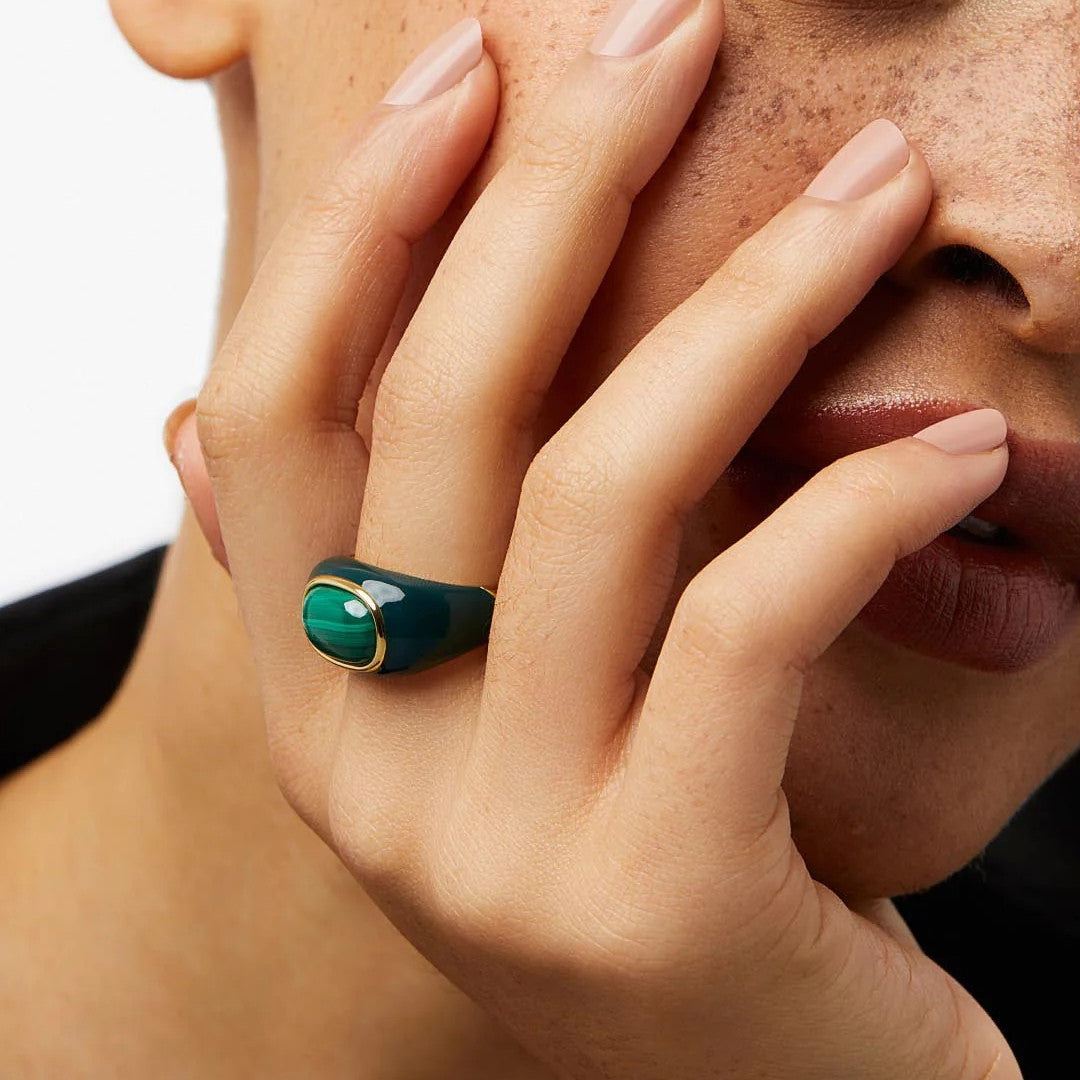 Advanced Copper Plating 18K Real Gold Natural Malachite White Shell Ring