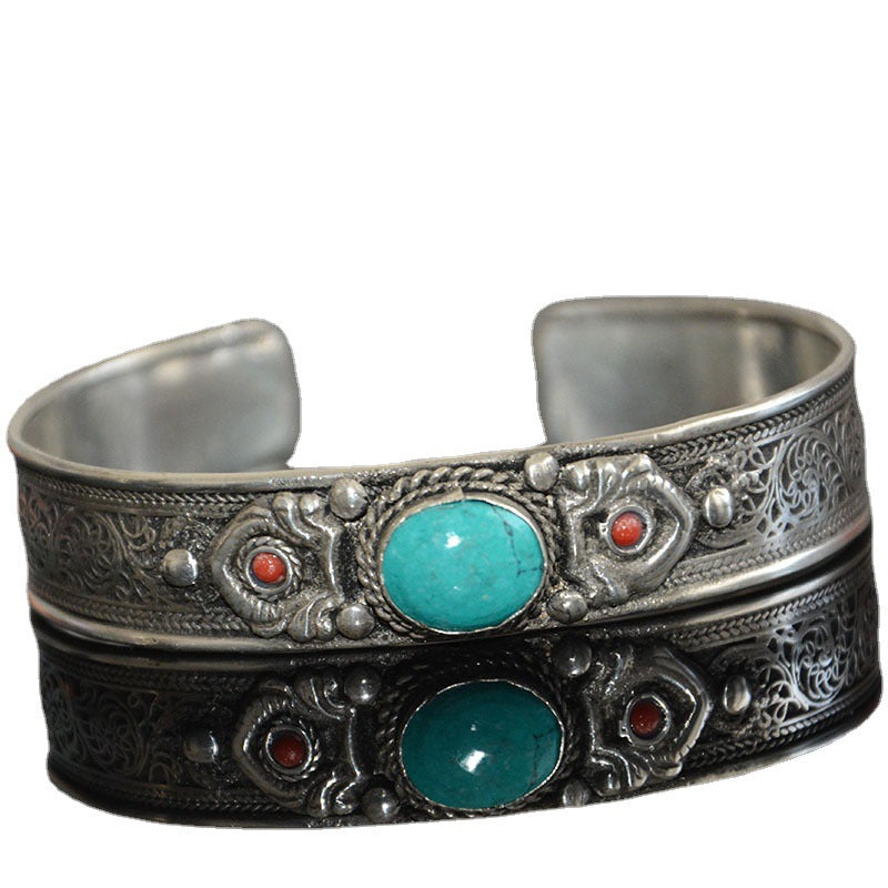 Tibetan Turquoise Nepal Handmade Tibetan Silver White Copper Bracelet Opening