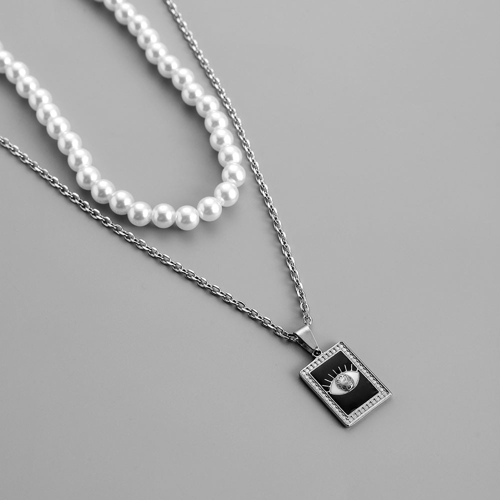 Stylish And Simple Personality All-Match Stainless Steel Square Plate Eye Pearl Chain