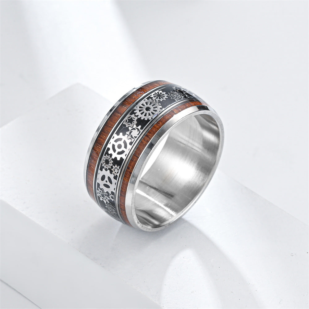 Stainless Steel Wood Grain Star Ring - A Trendy and Masculine Accessory