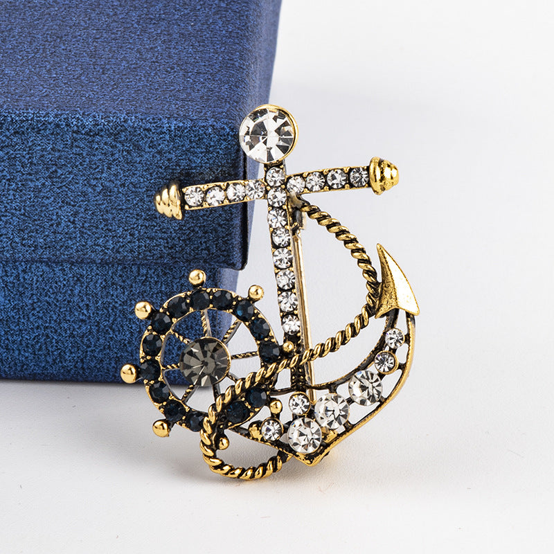 High-End Navy Sailboat Rudder Anchor Men's Brooch