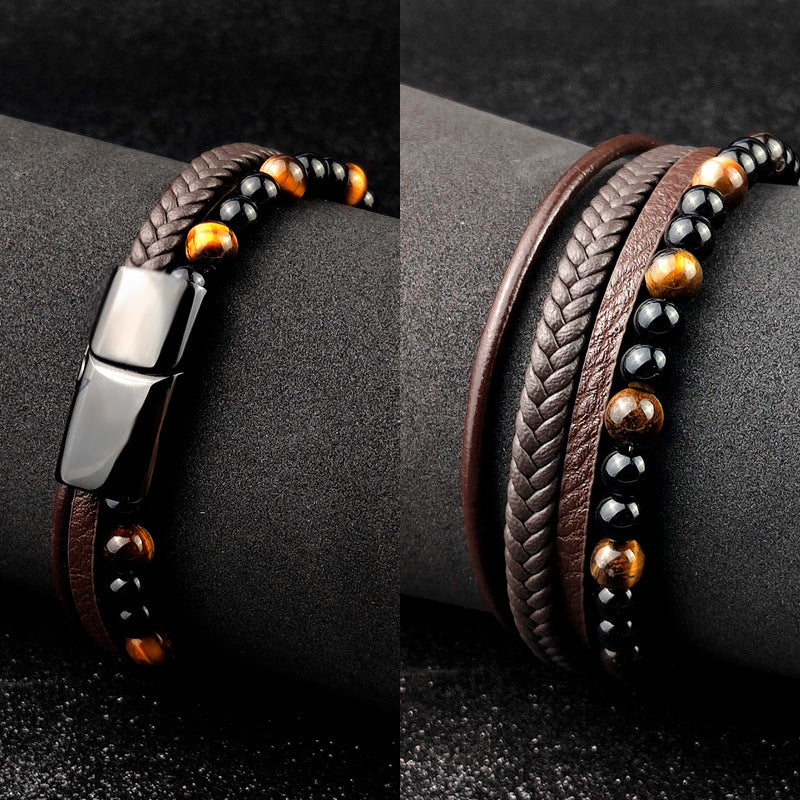 Men's Bead Leather Bracelet Tiger Eye Woven Leather Bead Bracelet