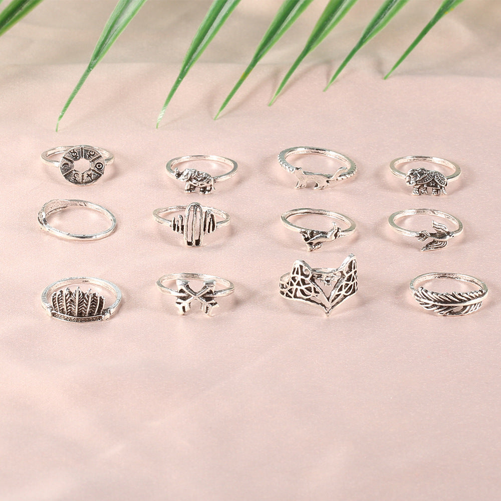 Retro Alloy Set Leaf Fox Elephant Ring 12-Piece Set