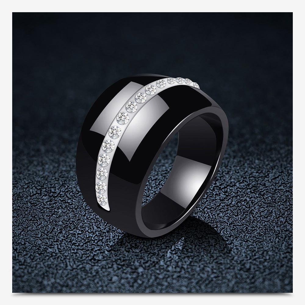 Single Row Diamond-Embedded Elegant Ceramic Ring