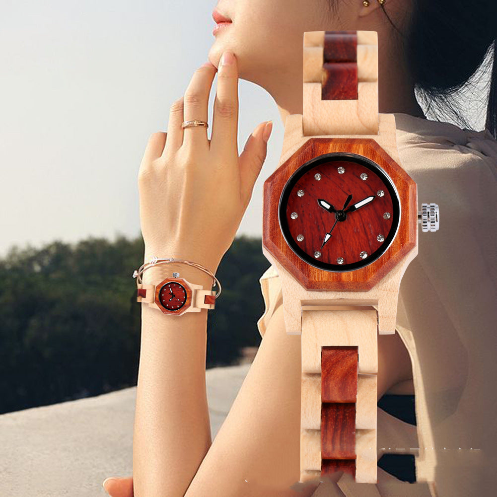 Bracelet Buckle Octagon Face Diamond Ladies Wooden Watch