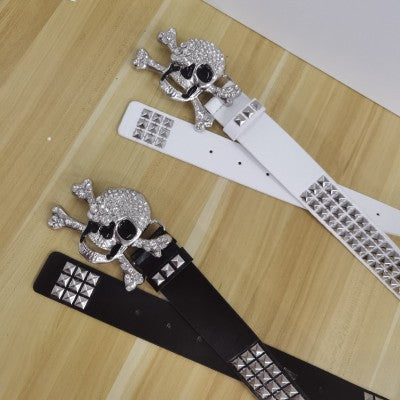 Rhinestone Skull Decoration Belt - Unisex, Edgy, And Studded