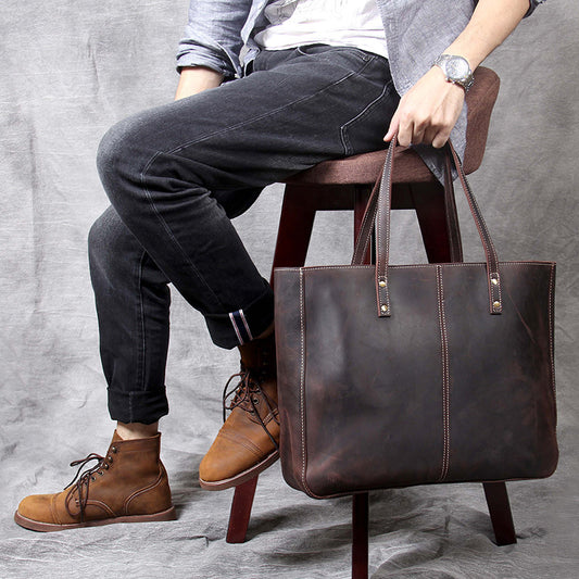 Simple Retro First Layer Cowhide Large-Capacity Handbag Men