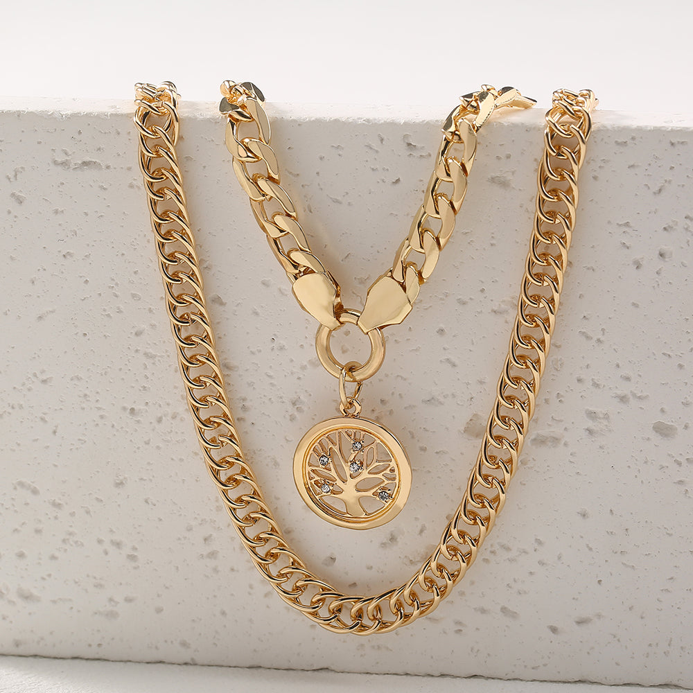 Celebrity Hip Hop Copper Necklace With Double-Layer Chain And Tree Of Life Pendant For Couples