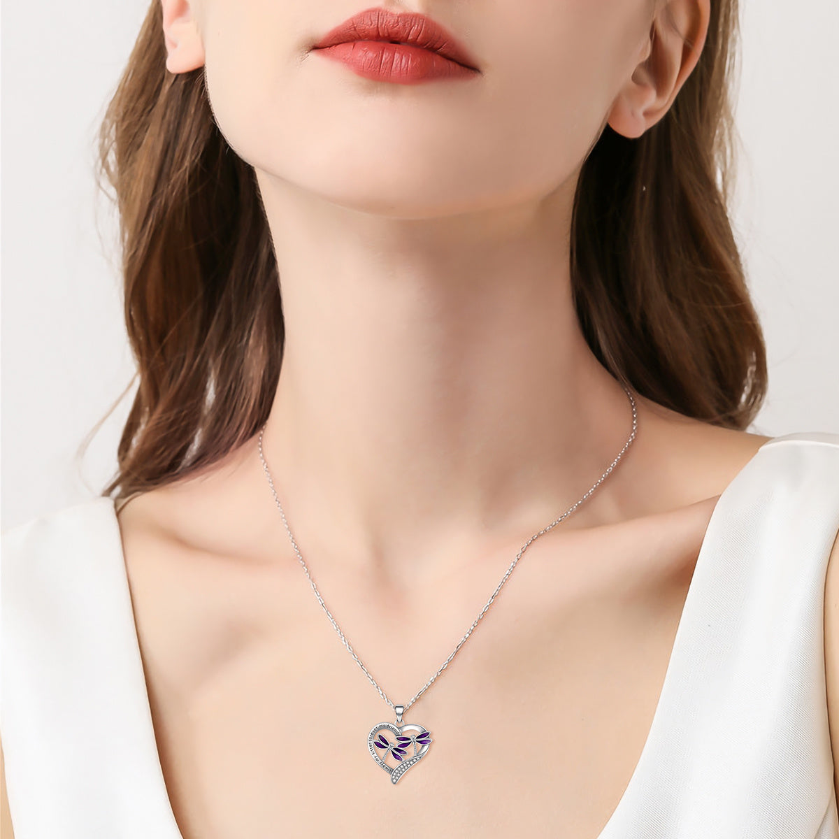 Purple Dragonfly Pendant Necklace In White Gold Plated Sterling Silver