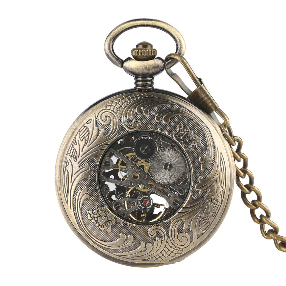 Classic Vintage Flip Magnifier Hollow Blue Shading Roman Digital Manual Mechanical Pocket Watch