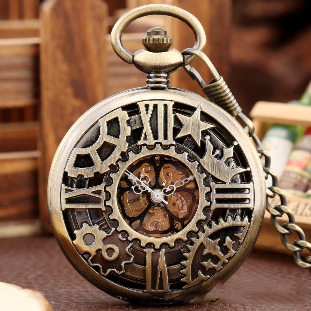 Hot Retro Flip Hollow Necklace Pocket Watch Red Copper Hollow Gear Roman Face