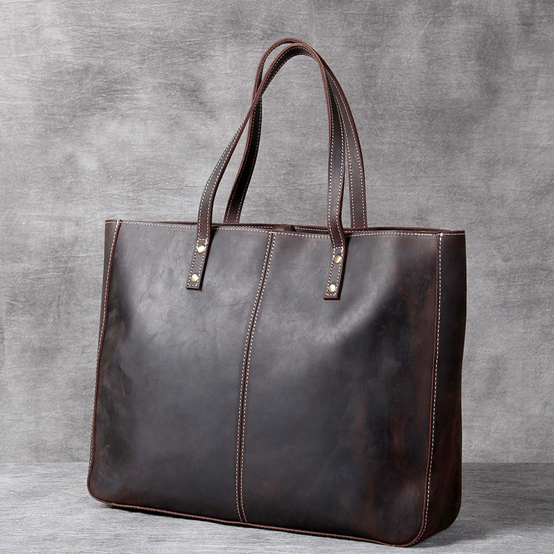 Simple Retro First Layer Cowhide Large-Capacity Handbag Men