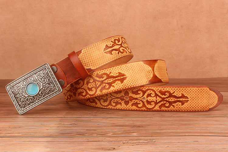 Ethnic Style Carved Leather Belt Head Layer Cowhide Personality Smooth Buckle