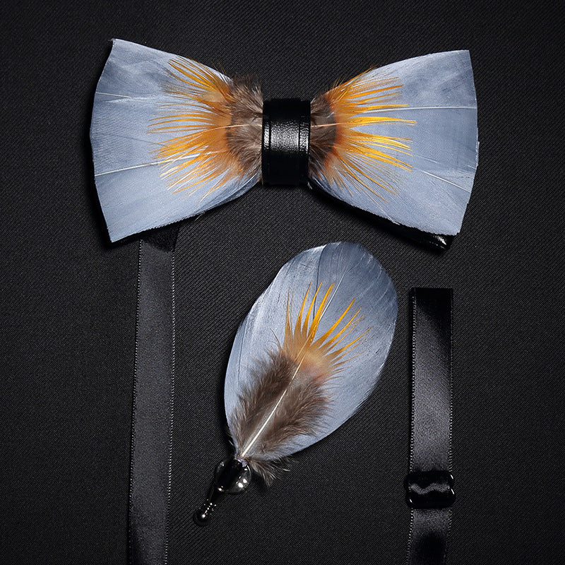 Fashion Feather Bow Tie Groomsman Brooch Collar Flower Pin