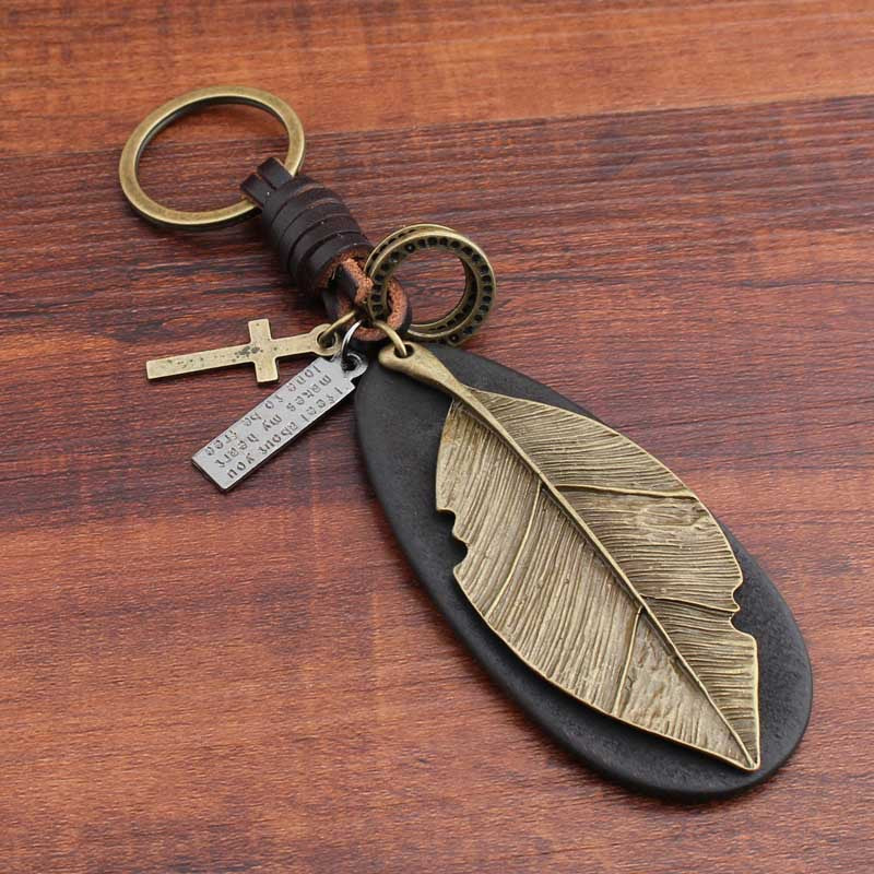 Pure Handmade Cowhide Leaf Keychain Retro Creative