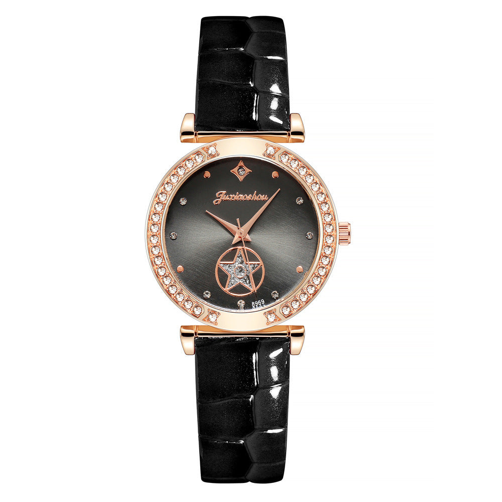 Simple Glossy Rhinestone Ladies Leather Strap Quartz Watch