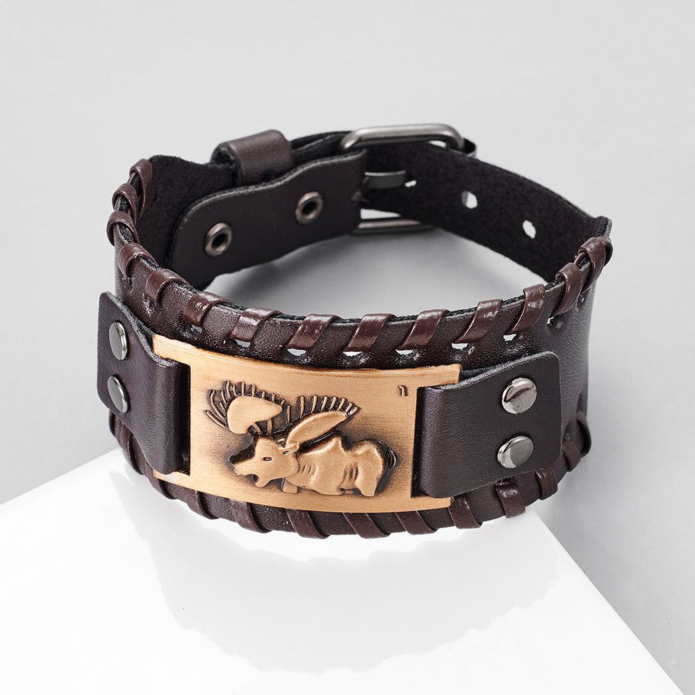 Toten Design Nordic Viking Odin Bracelet Genuine Leather Wolf Head Bracelet For Men Animal Bracelet