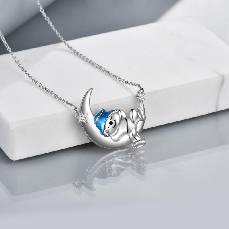 Sterling Silver Bear Necklace Bear Moon Pendant Cute Animal Jewelry Bear Gifts For Women