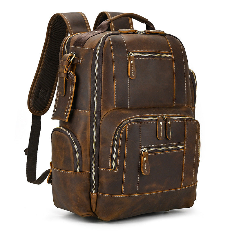 Men's Retro Backpack Student School Bag Large Capacity Leather Backpack