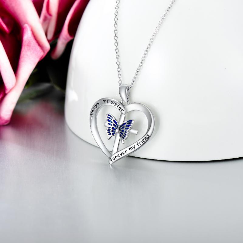 Butterfly Heart Pendant Necklace In White Gold Plated Sterling Silver