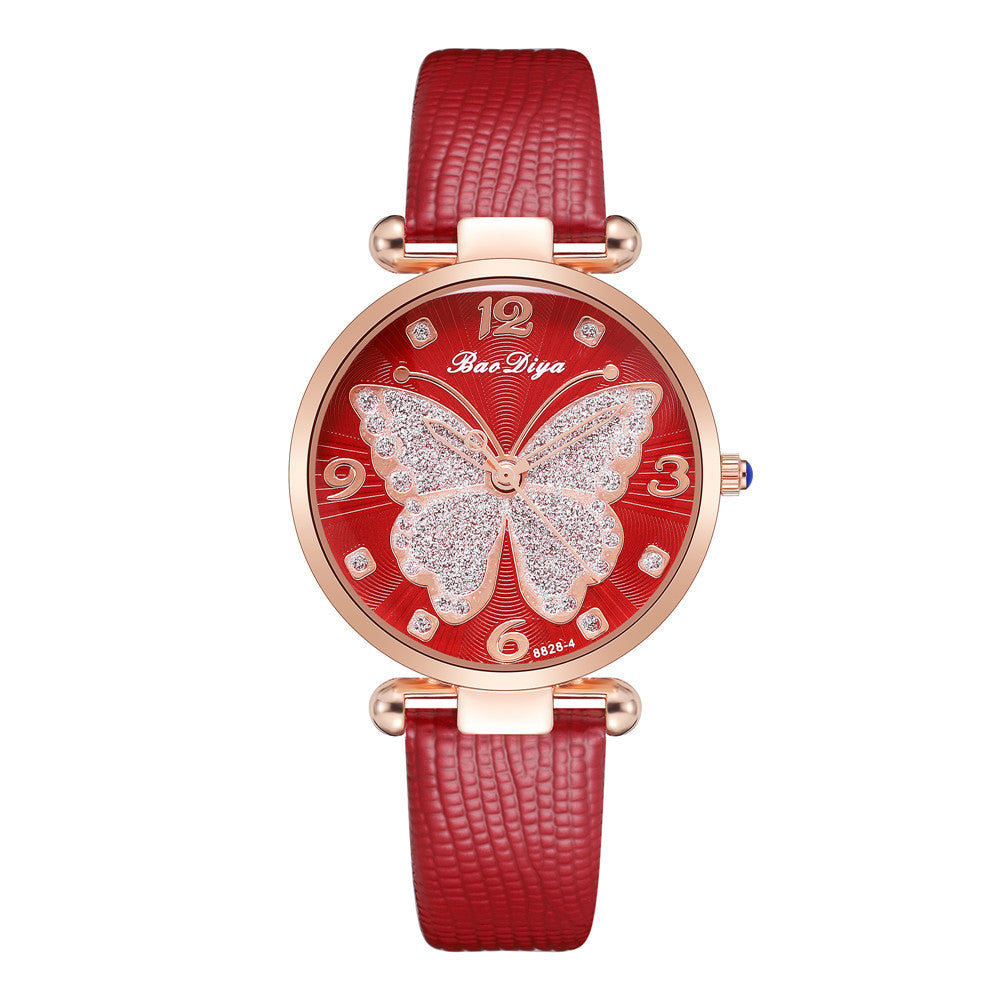 Glitter Butterfly Pattern Quartz Ladies Casual Belt Watch