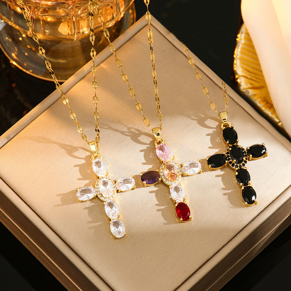 Colored Zircon Cross Necklace With Diamonds Does Not Fade