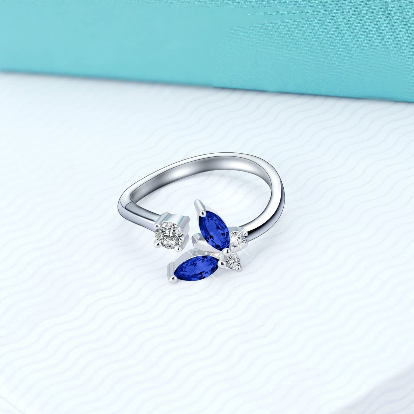 925 Sterling Silver Butterfly Ring With Sapphire Blue Crystal