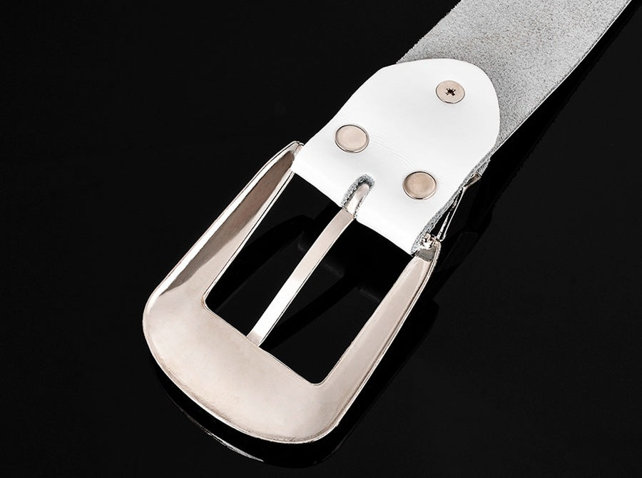 Leather Ladies Belt With Diamond-Studded Cowhide Pin Buckle