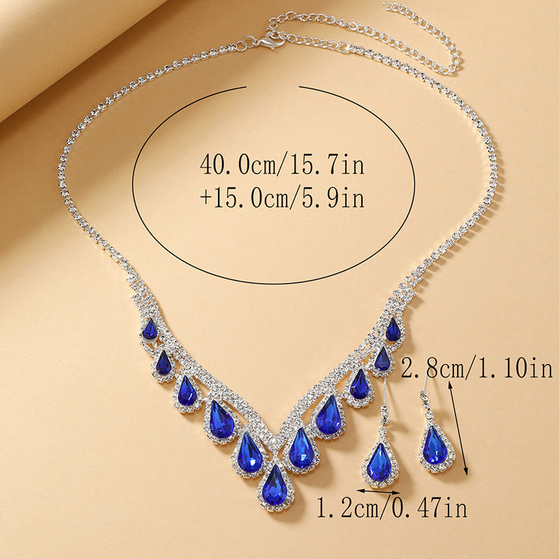 Sapphire Blue Crystal Clavicle Chain Two-Piece Earrings Set