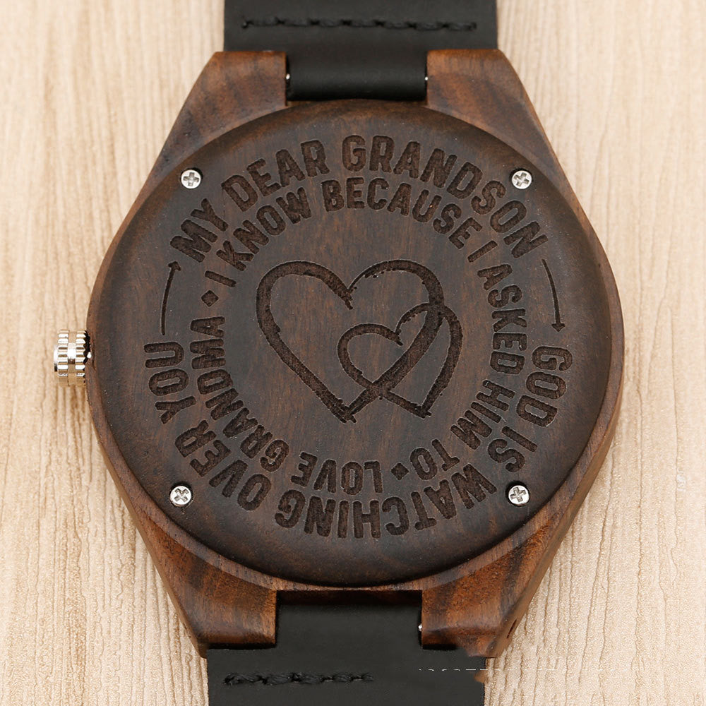 Brown Dial Wood Case Back Lettering Watch