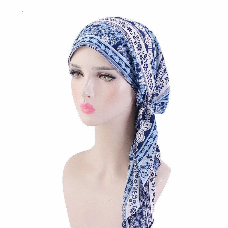 Pleated Cotton Scarf Long Tail Hat