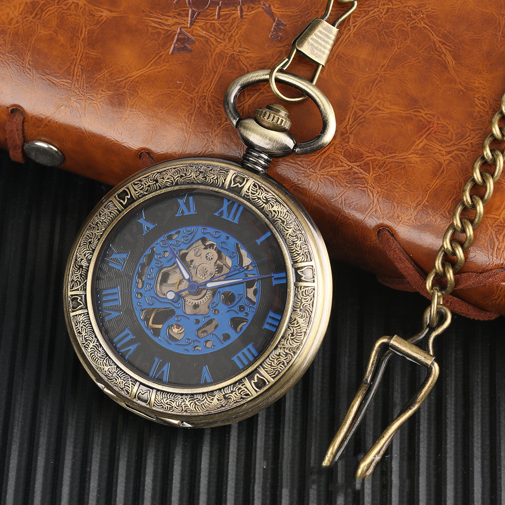 Classic Vintage Flip Magnifier Hollow Blue Shading Roman Digital Manual Mechanical Pocket Watch