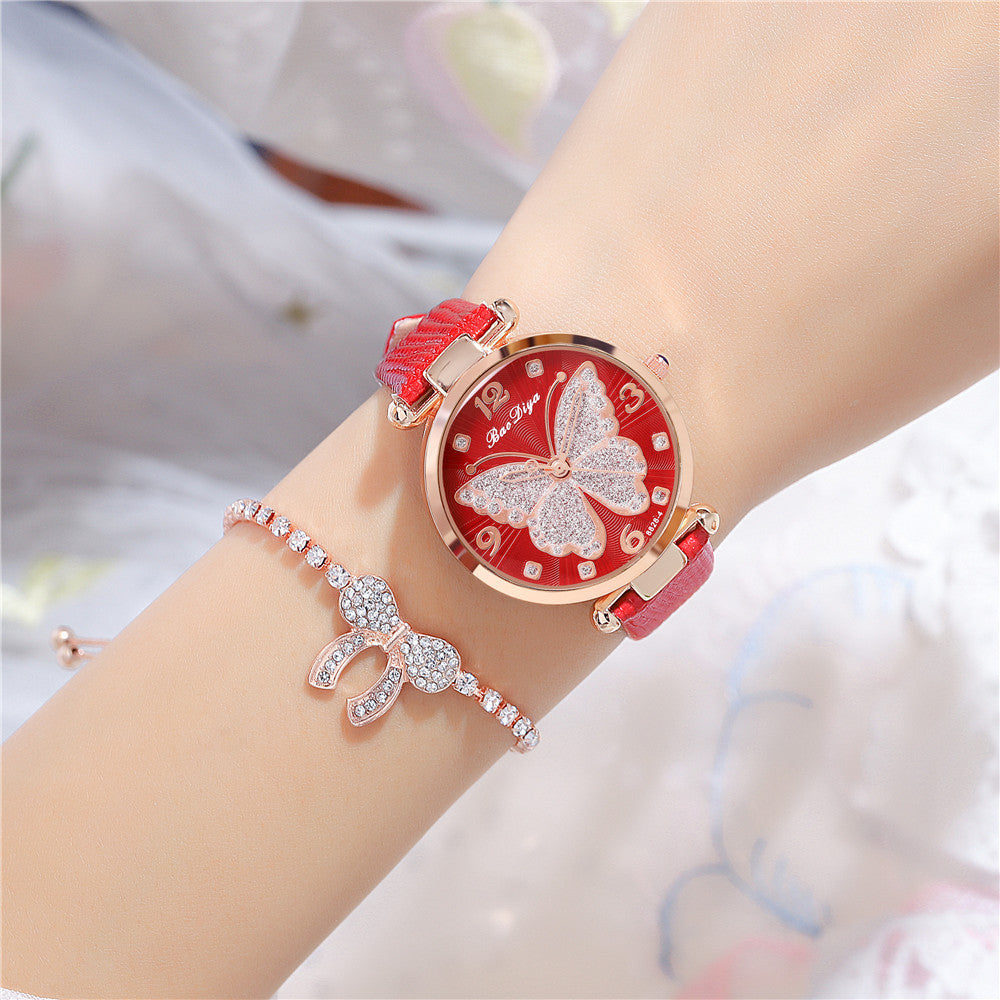 Glitter Butterfly Pattern Quartz Ladies Casual Belt Watch