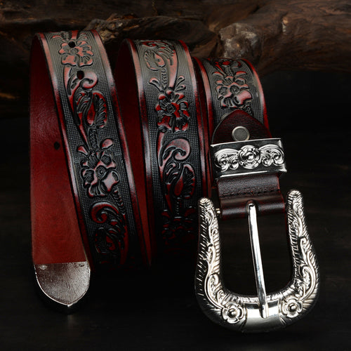 Carved Pin Buckle Leather Embossed Belt - Unisex, Durable, And Elegant