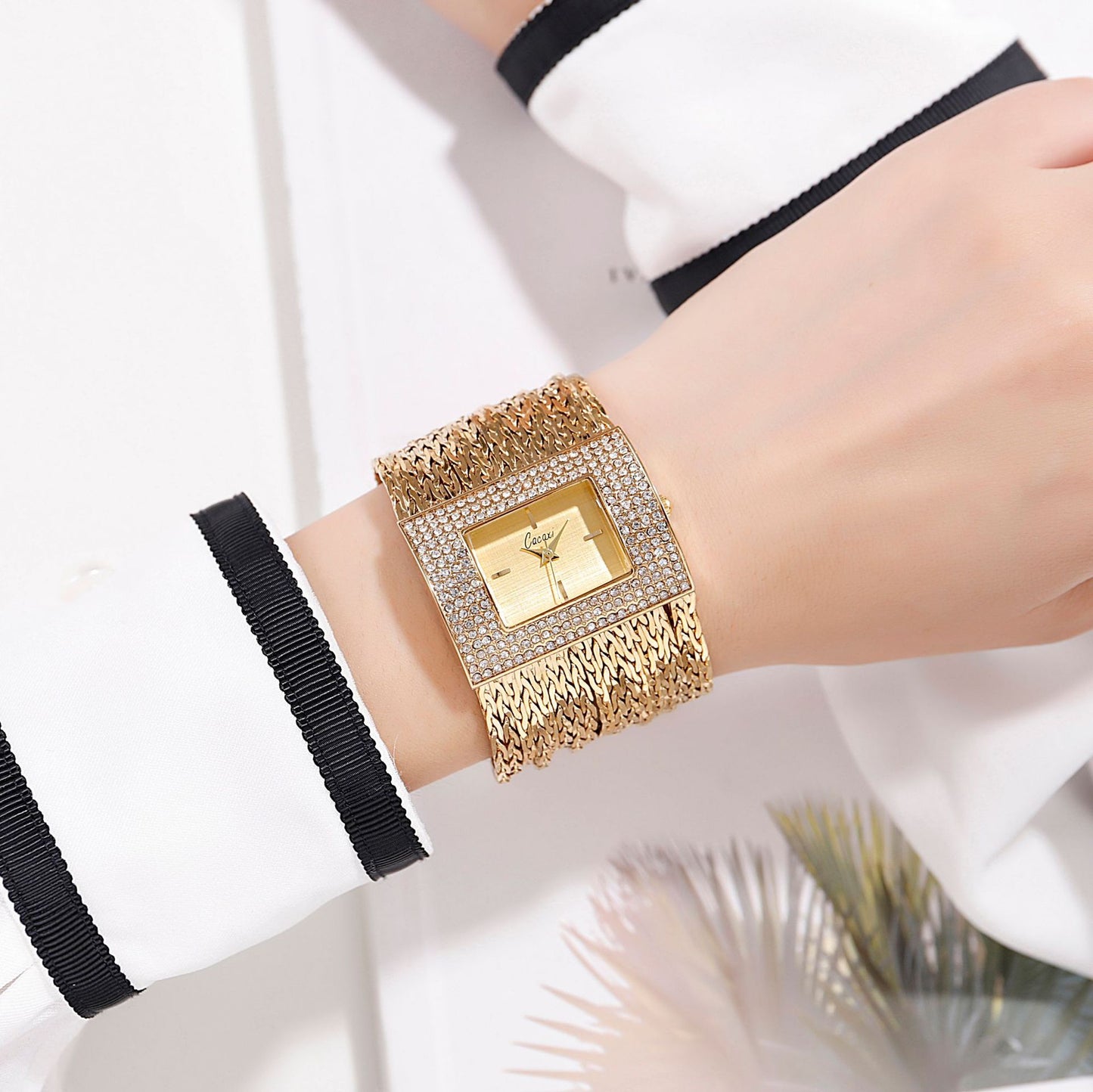 Ladies Gold Quartz Square Chain Rhinestone Watch