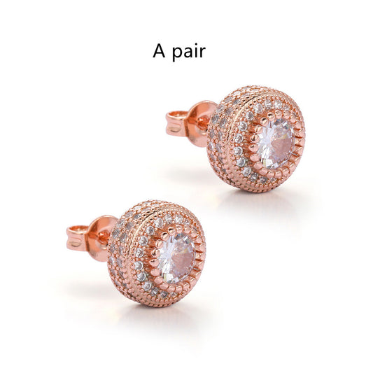 Hip Hop Round Full Zircon Earrings Rose Gold For Men and Women