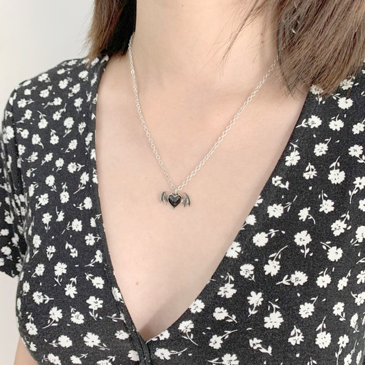 Women's Black Devil Heart Wings Necklace