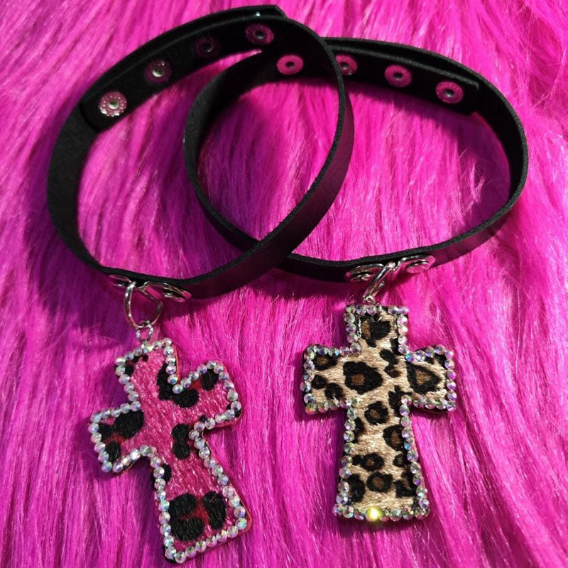 Handmade Ethnic Style Hot Girl Leopard Diamond Cross Necklace Collar