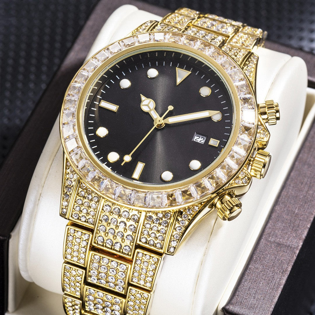 High-Grade Diamond-Encrusted Di Tone Full Diamond-Green Disk Sun Pattern Luminous Quartz Watch