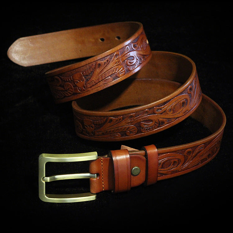 Men's Vintage Tang Turf Carved Top Layer Yellow Leather Belt