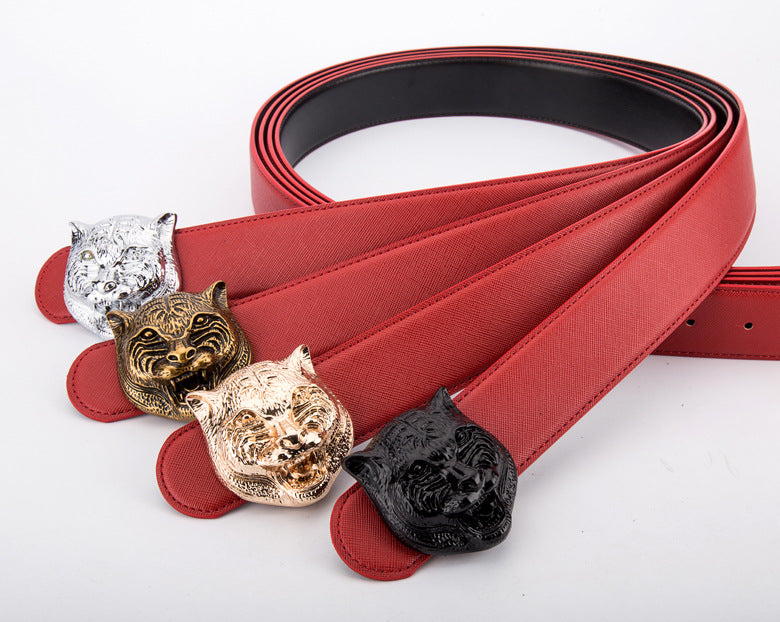 Tiger Head Buckle Leather Belt - Unisex, Durable, And Stylish