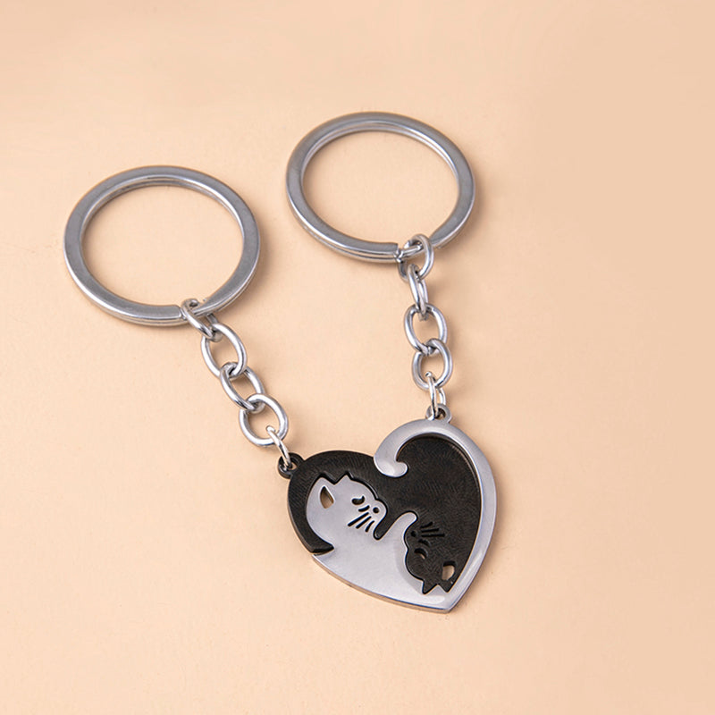 Love Heart Black White Cats Stainless Steel Couple Keychains